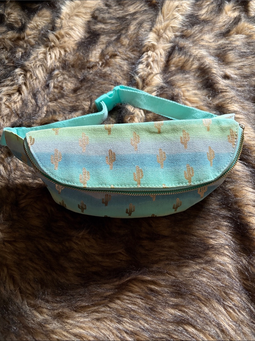 Aqua Teal Metallic Gold Cactus Print Canvas Fanny Pack